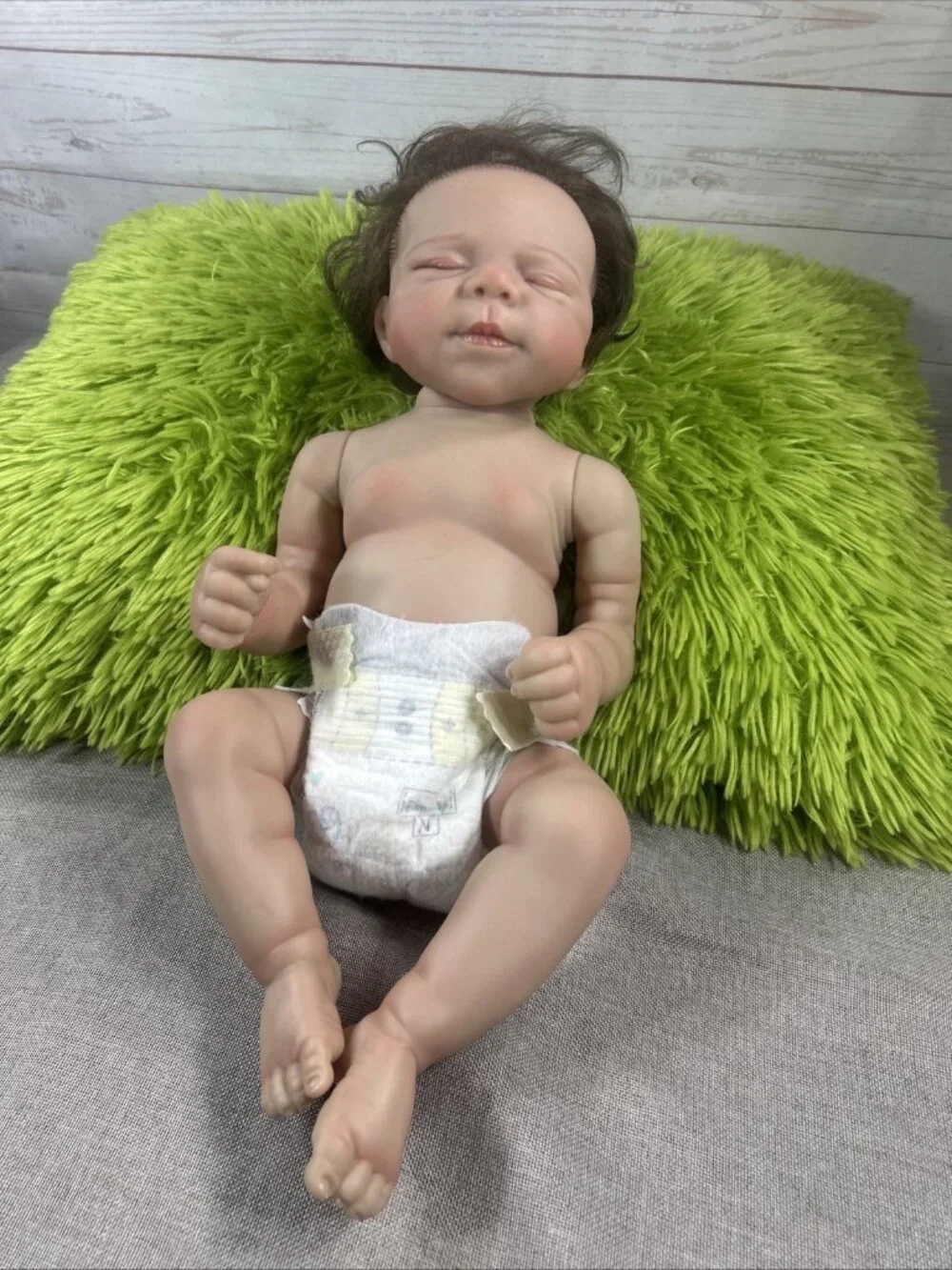 Reborn Baby Boy Doll 18” Anatomically Correct Wavy Brunette Hair Closed Eyes